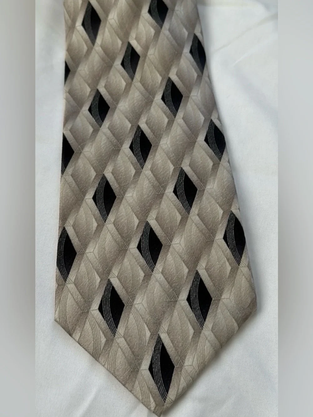 Pierre Cardin 100% Silk Tie Necktie Grey Black Tan Geometric Diamond Abstract